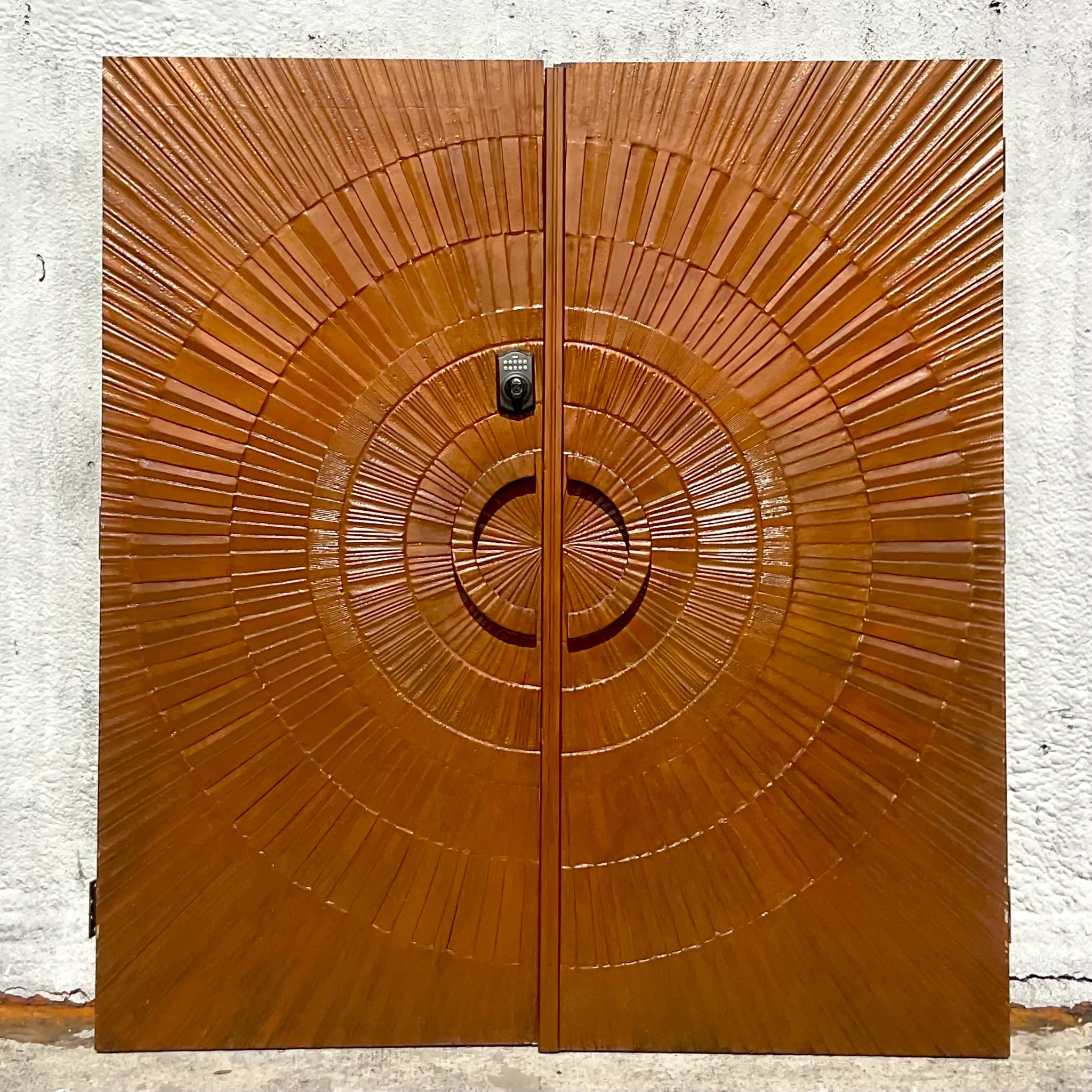 Vintage 1971 Boho “Heroic Sunburst” Bronzed Resin Over Wood Doors - a Pair — additional photo 3