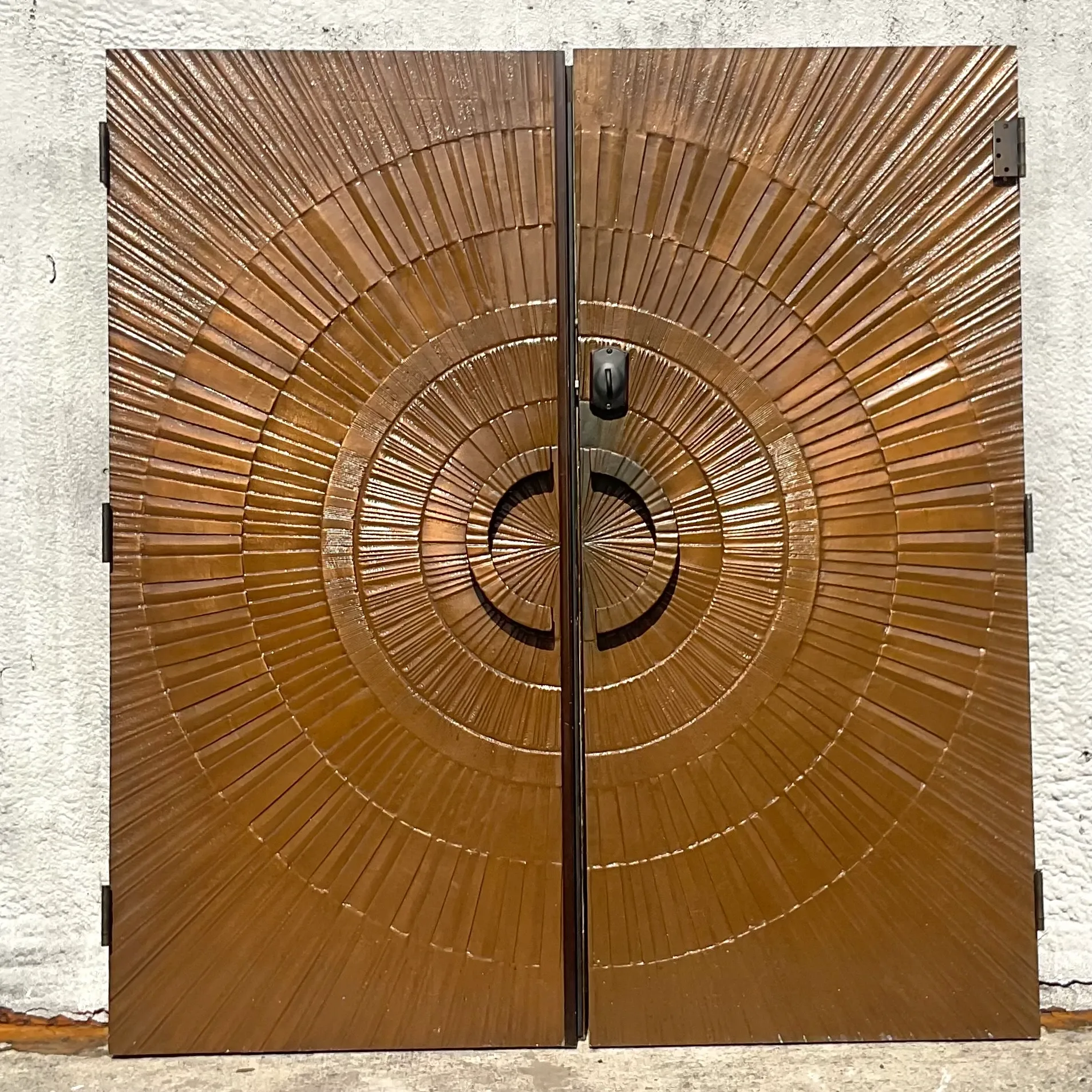Vintage 1971 Boho “Heroic Sunburst” Bronzed Resin Over Wood Doors - a Pair — additional photo 5