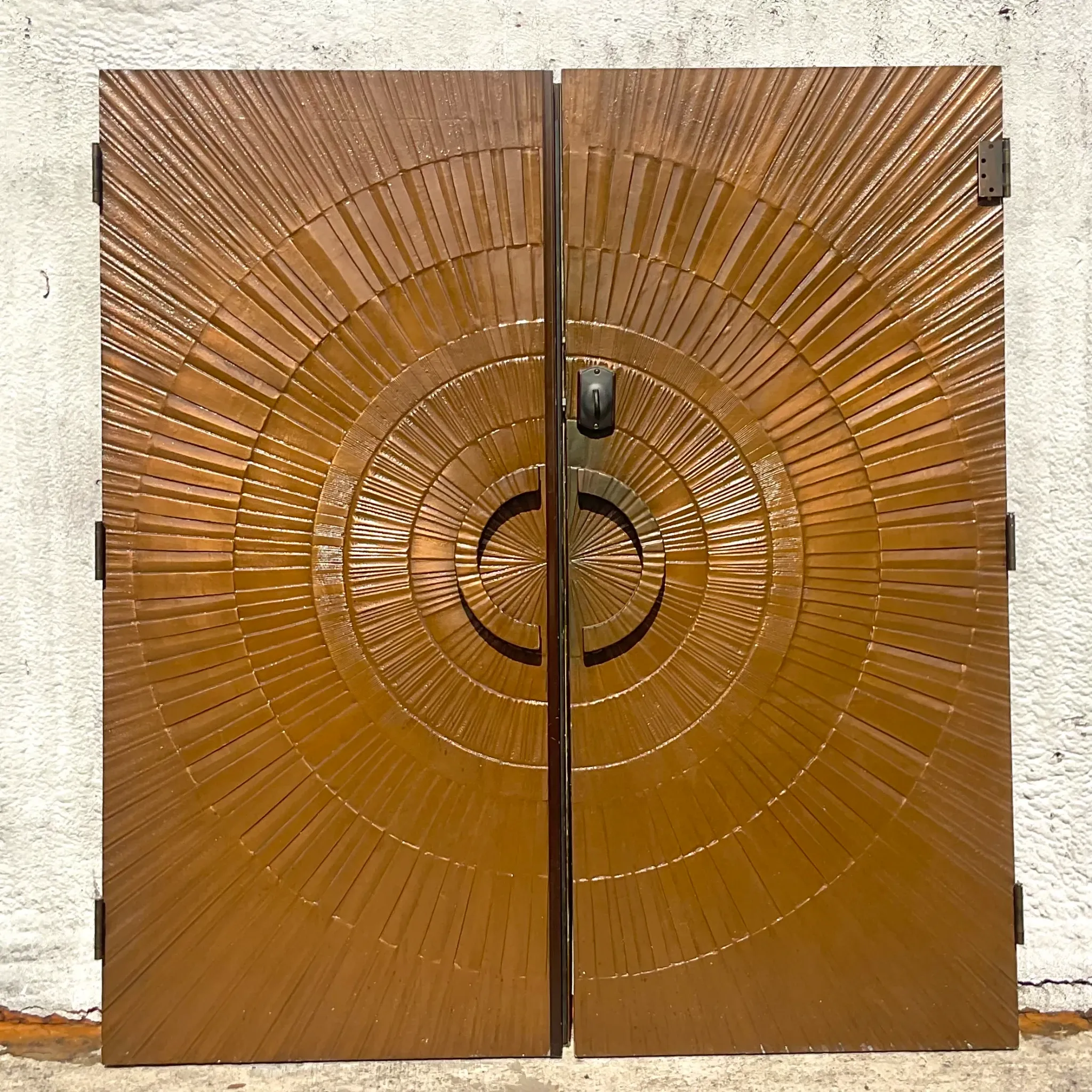 Vintage 1971 Boho “Heroic Sunburst” Bronzed Resin Over Wood Doors - a Pair — additional photo 6