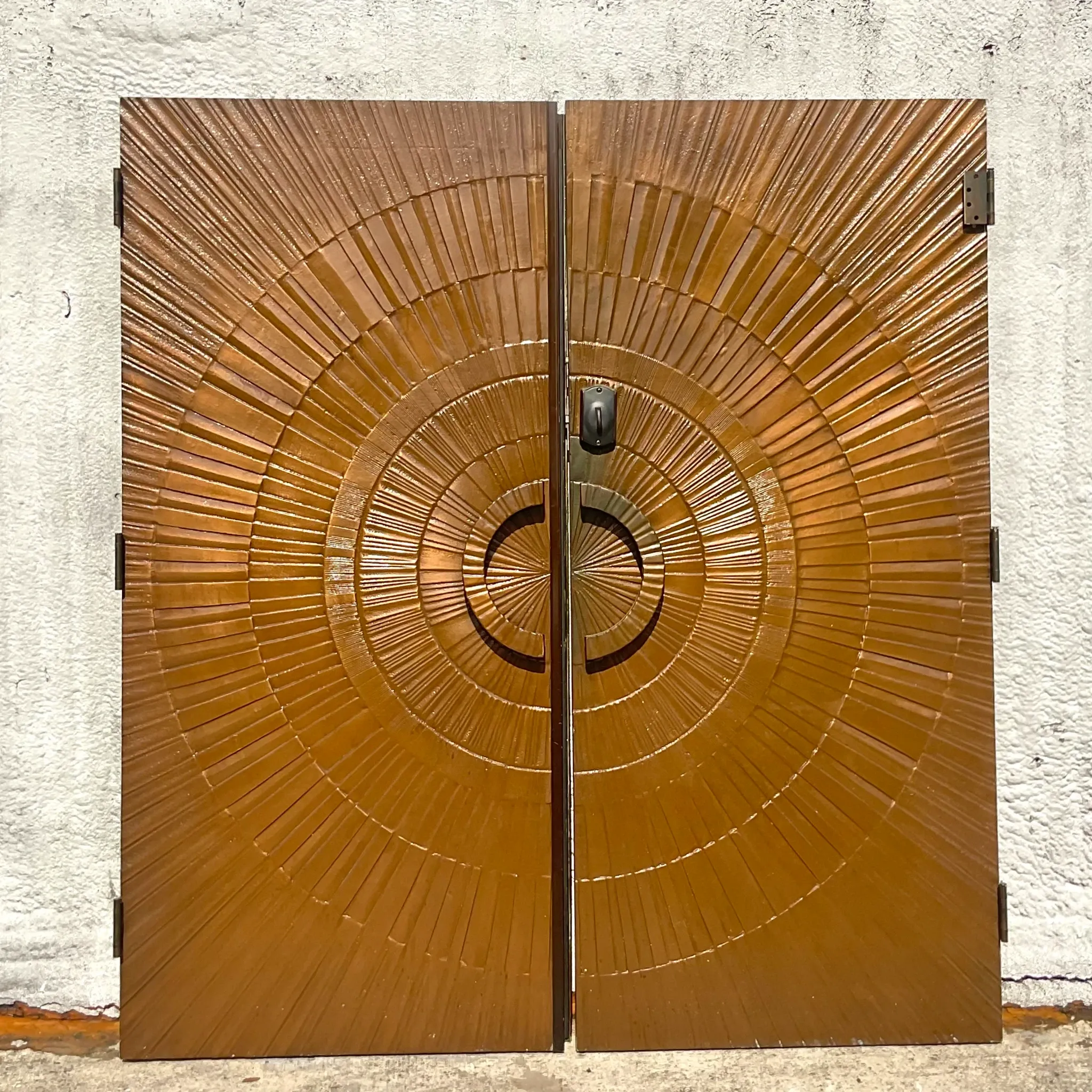 Vintage 1971 Boho “Heroic Sunburst” Bronzed Resin Over Wood Doors - a Pair — additional photo 8