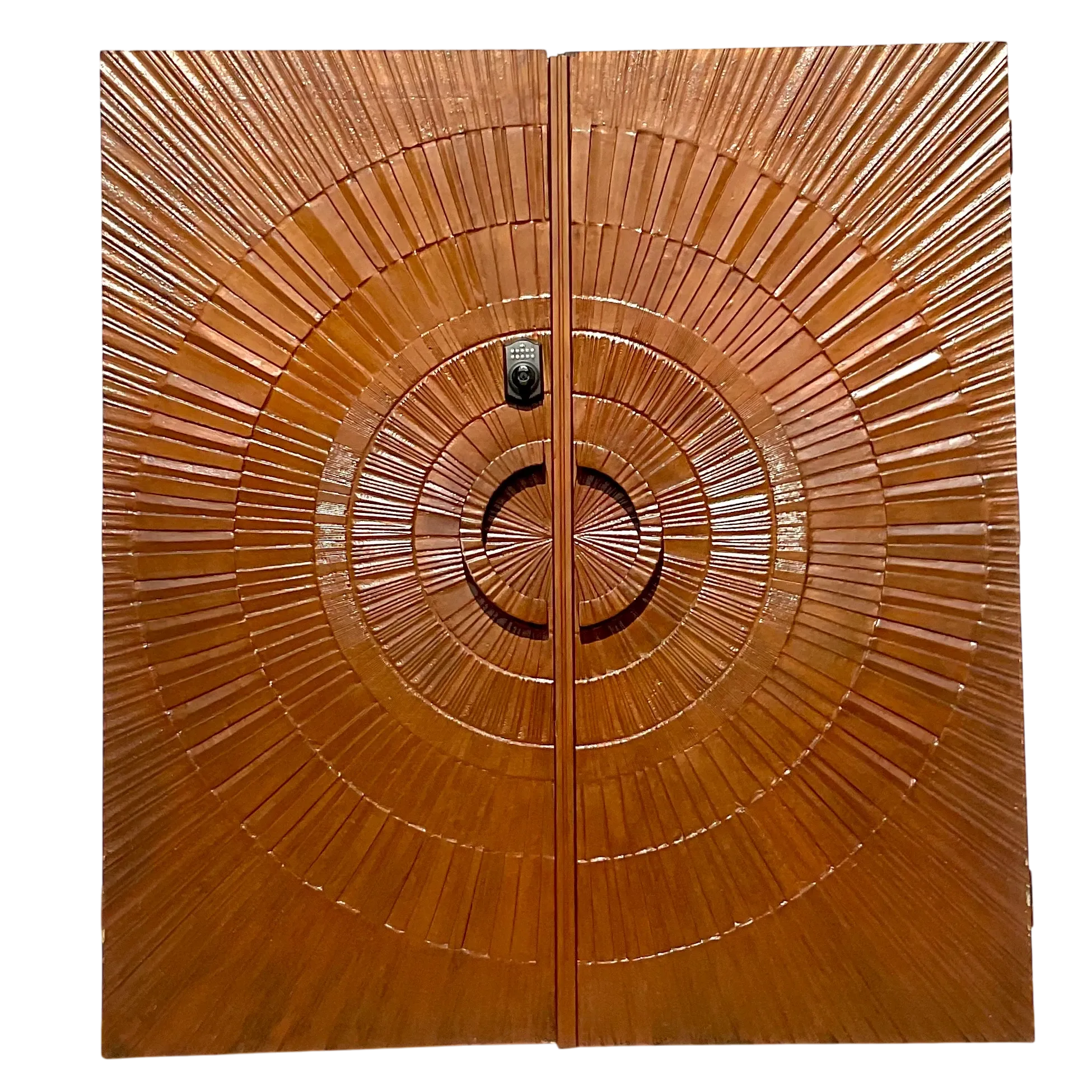 Vintage 1971 Boho “Heroic Sunburst” Bronzed Resin Over Wood Doors - a Pair