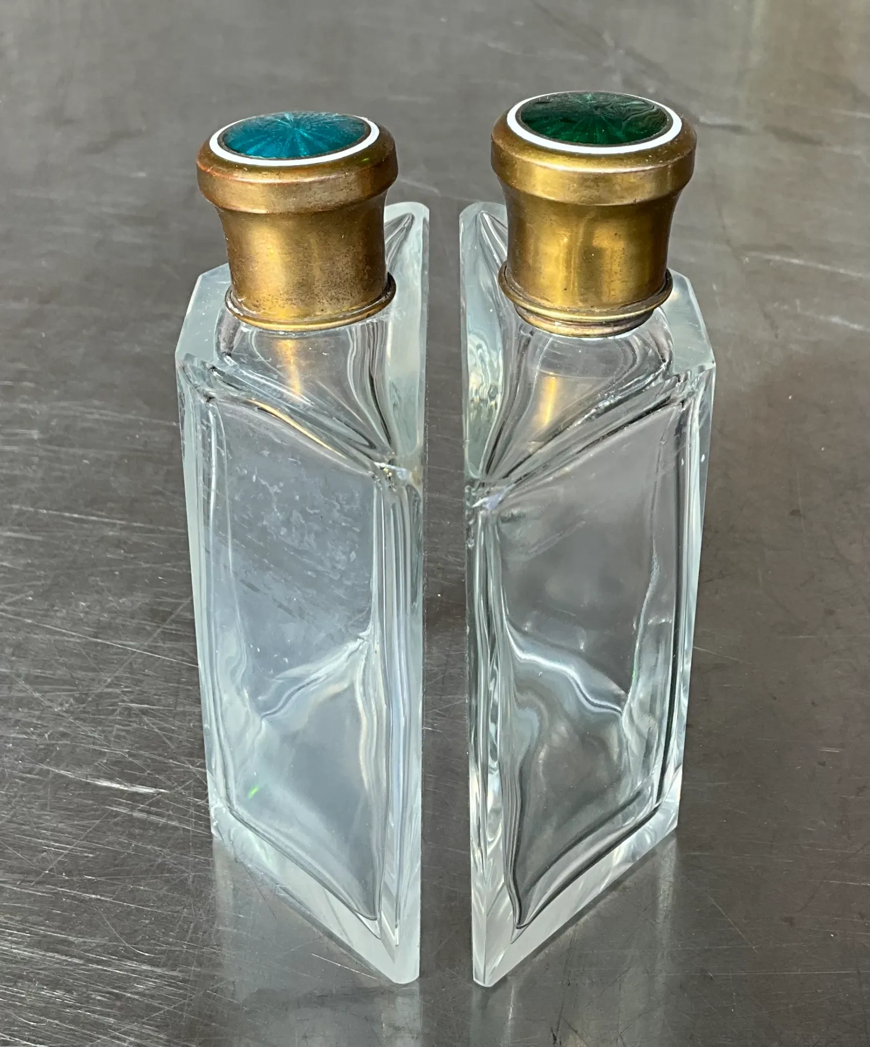 Vintage Enamel Brass Cap Flasks- a Pair — additional photo 2