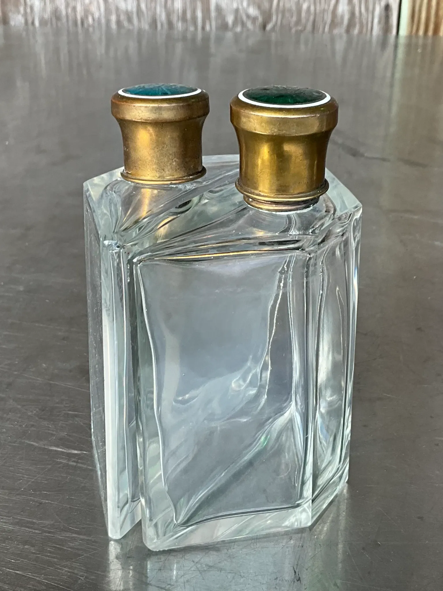 Vintage Enamel Brass Cap Flasks- a Pair — additional photo 1