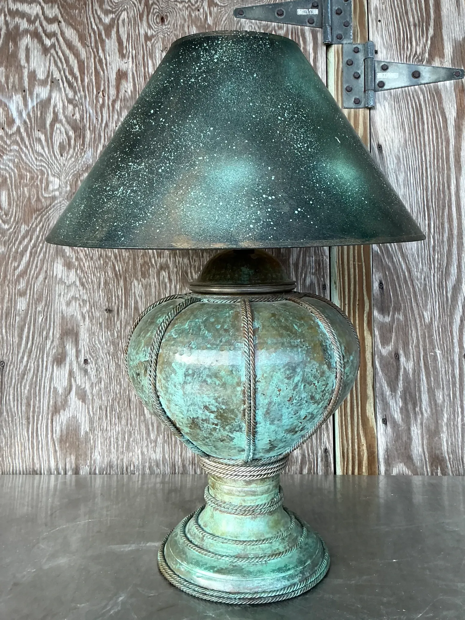 Vintage Patinated Metal Lamp With Hand Painted Shade — additional photo 6