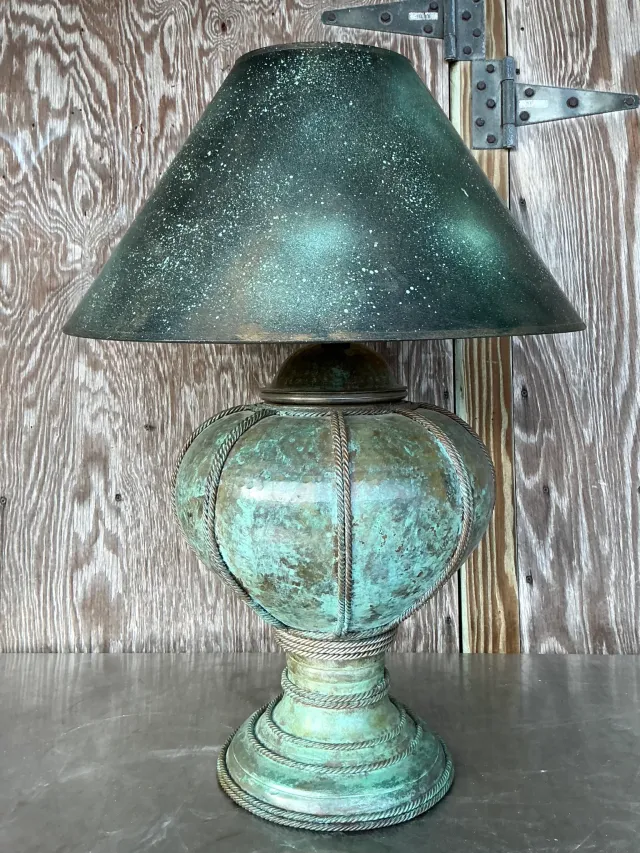 Vintage Patinated Metal Lamp With Hand Painted Shade — additional photo 6