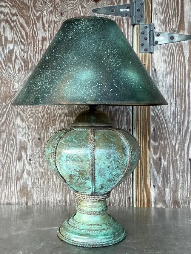 Vintage Patinated Metal Lamp With Hand Painted Shade — additional photo 1