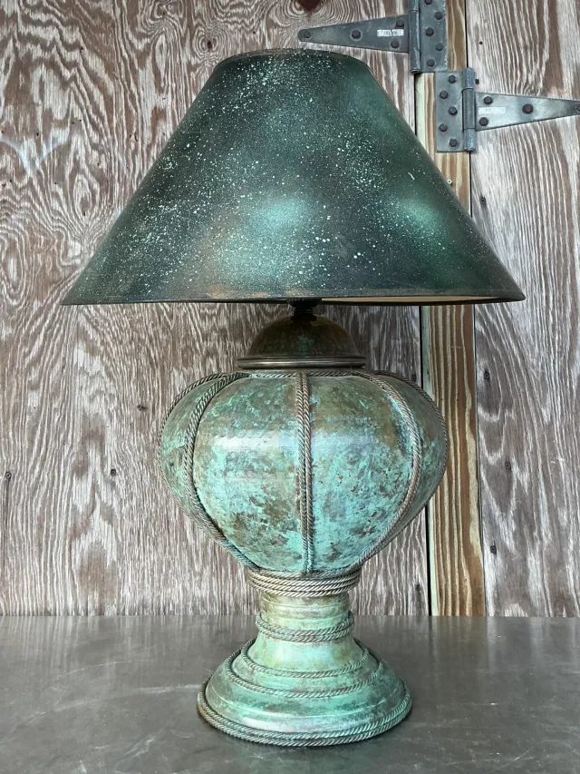 Vintage Patinated Metal Lamp With Hand Painted Shade — additional photo 2