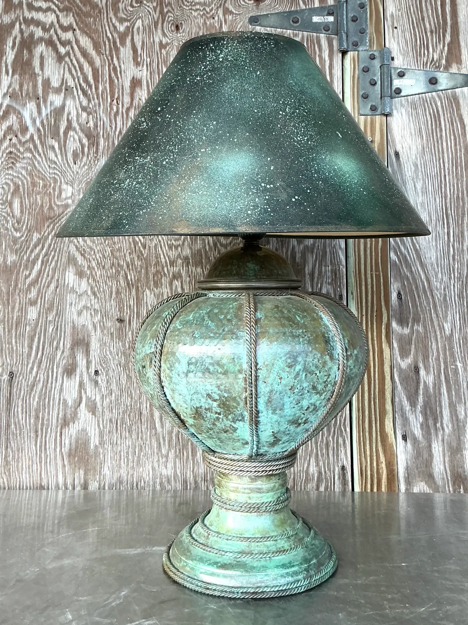 Vintage Patinated Metal Lamp With Hand Painted Shade — additional photo 3
