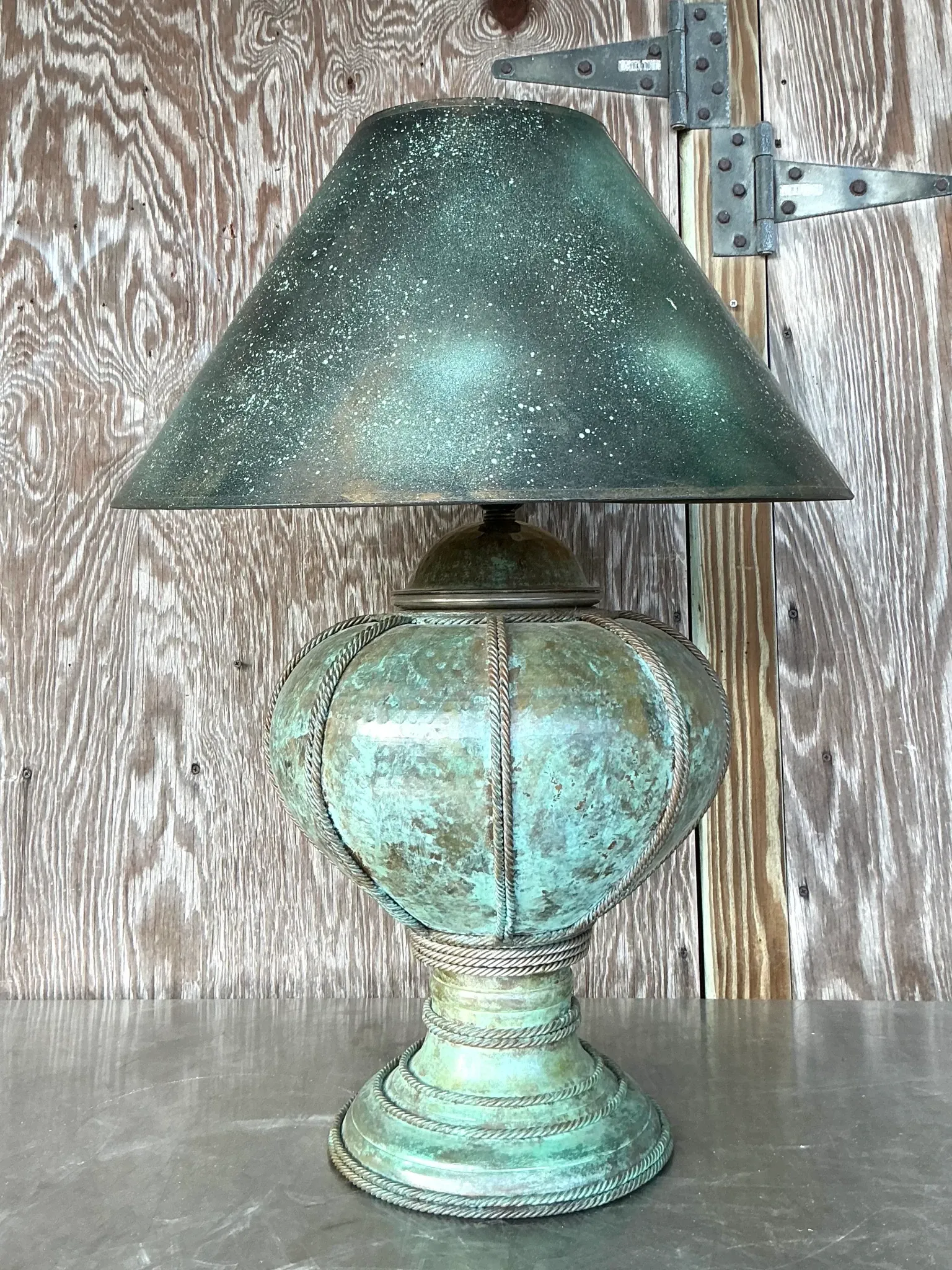 Vintage Patinated Metal Lamp With Hand Painted Shade — additional photo 4