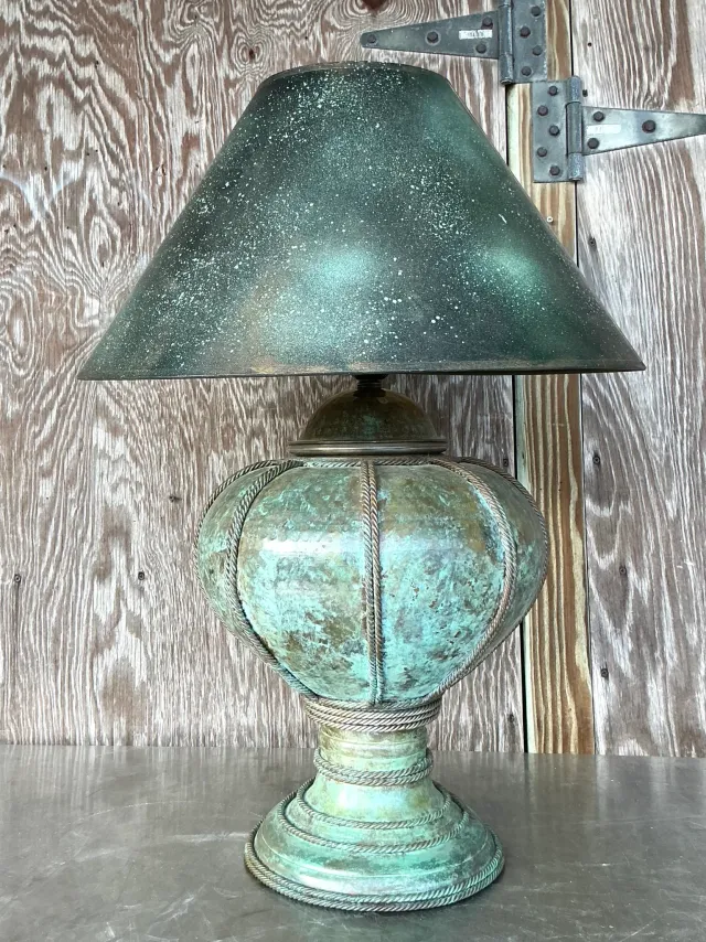 Vintage Patinated Metal Lamp With Hand Painted Shade — additional photo 5