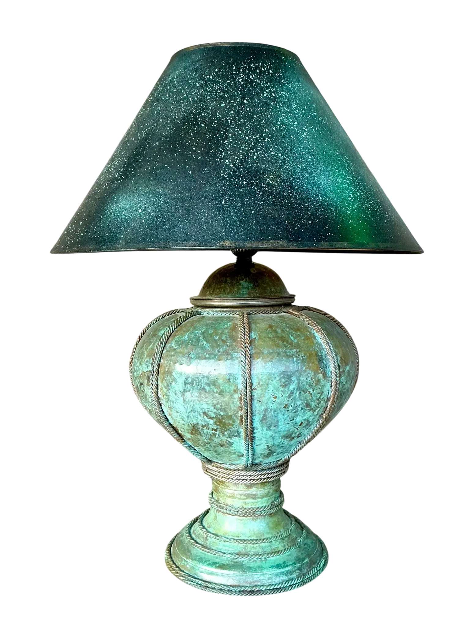 Vintage Patinated Metal Lamp With Hand Painted Shade