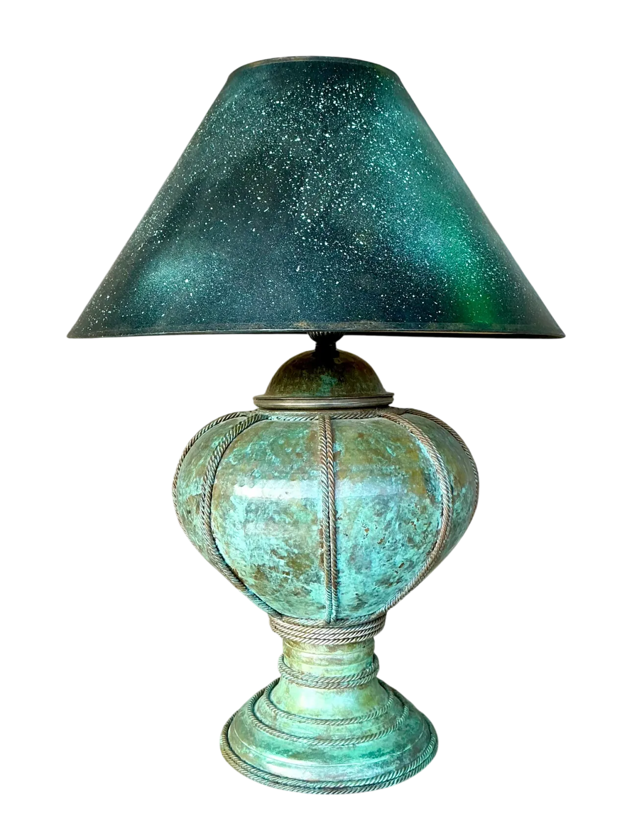 Vintage Patinated Metal Lamp With Hand Painted Shade