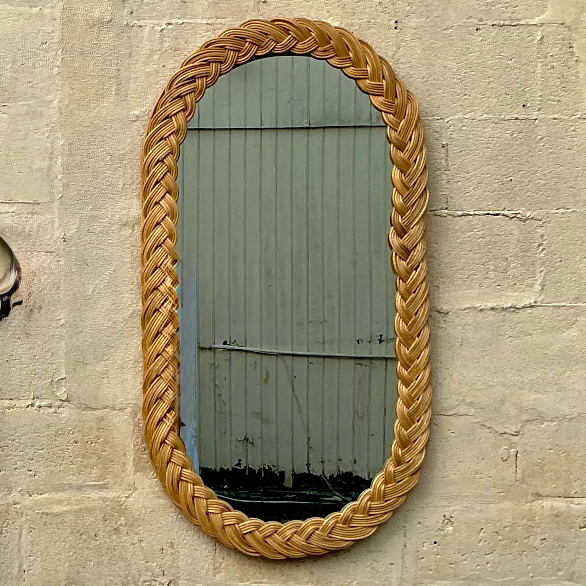 Vintage Coastal Braided Rattan Oval Mirror — additional photo 3