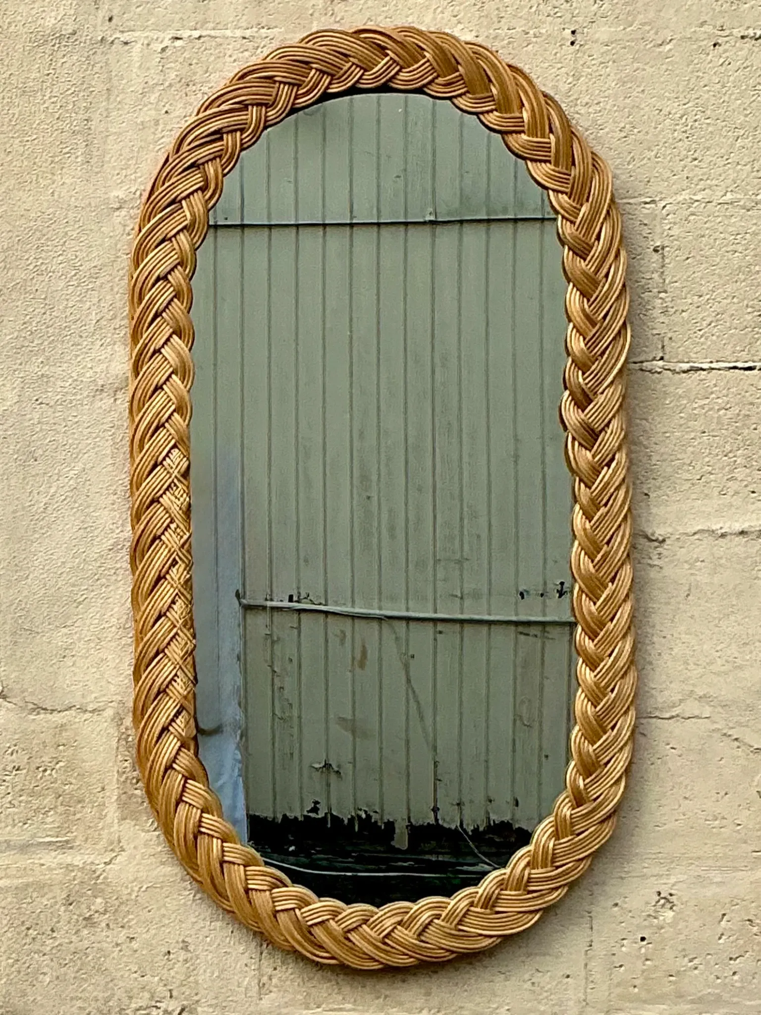 Vintage Coastal Braided Rattan Oval Mirror — additional photo 1