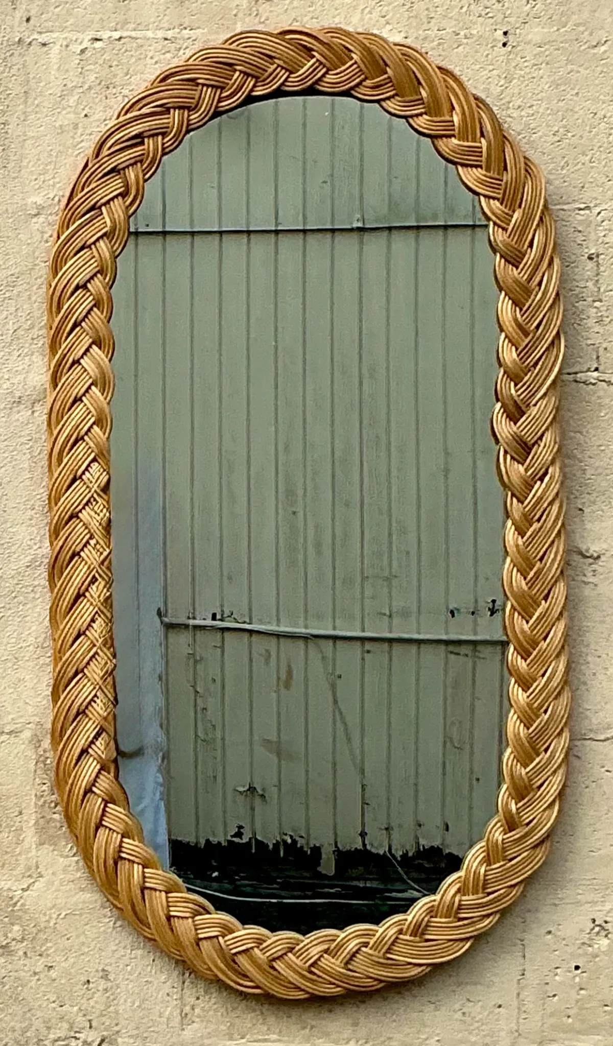 Vintage Coastal Braided Rattan Oval Mirror — additional photo 1
