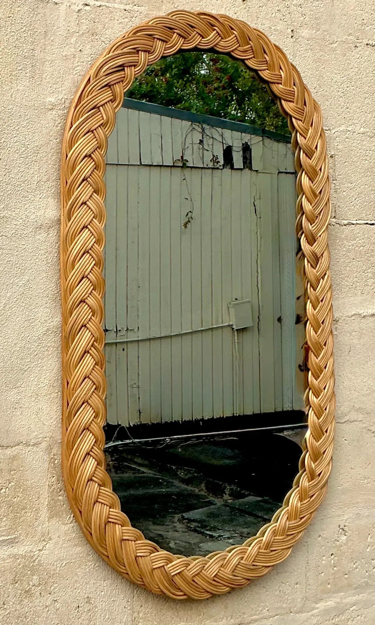 Vintage Coastal Braided Rattan Oval Mirror — additional photo 4