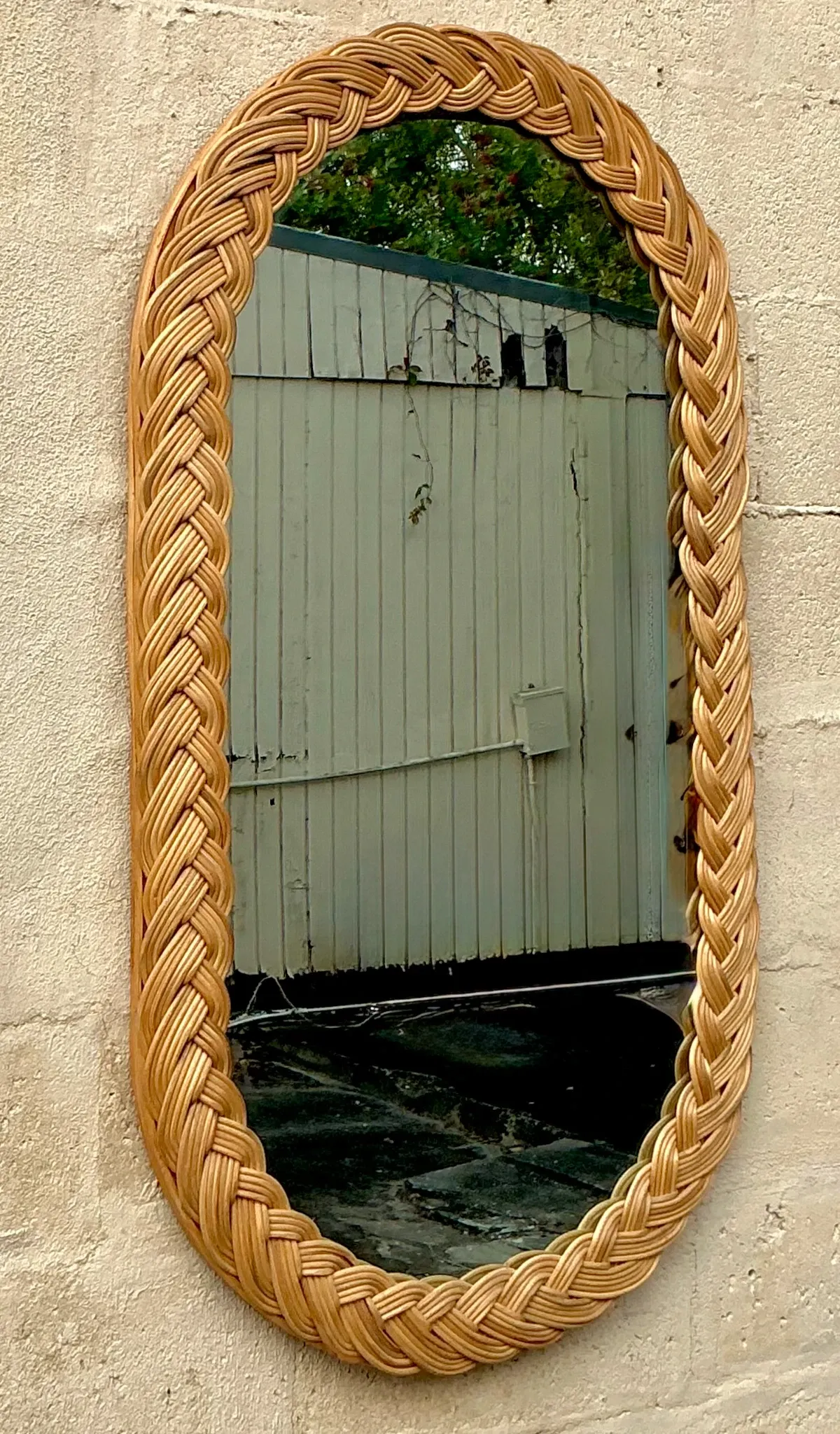 Vintage Coastal Braided Rattan Oval Mirror — additional photo 4
