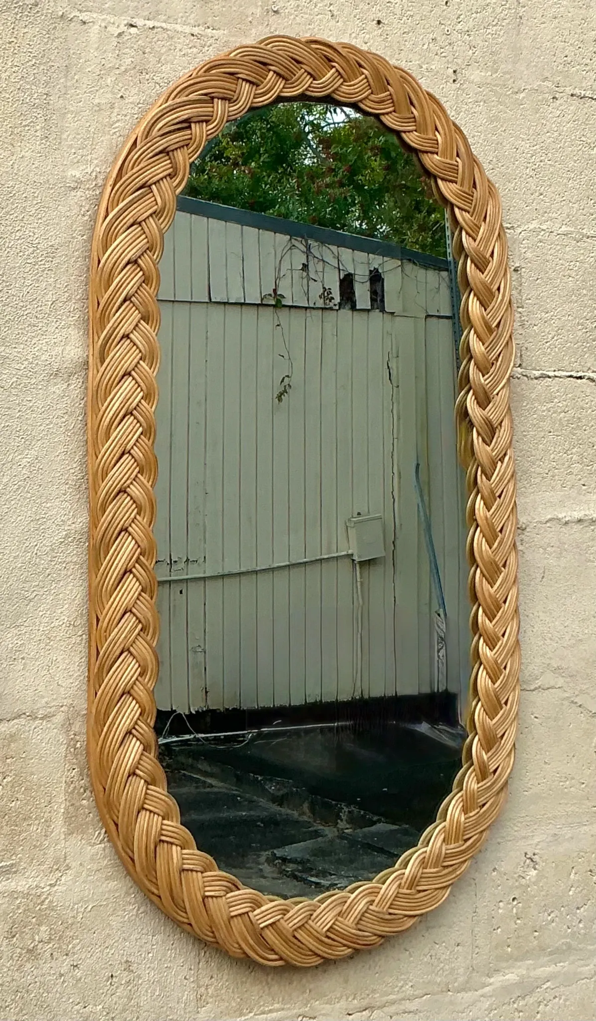 Vintage Coastal Braided Rattan Oval Mirror — additional photo 2