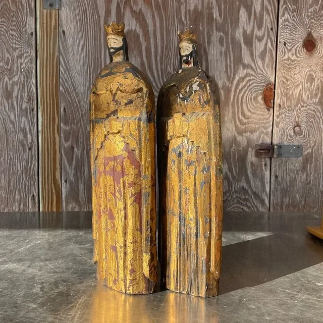 Vintage Boho Gilt Carved Wood Santos Figures- a Pair — additional photo 1