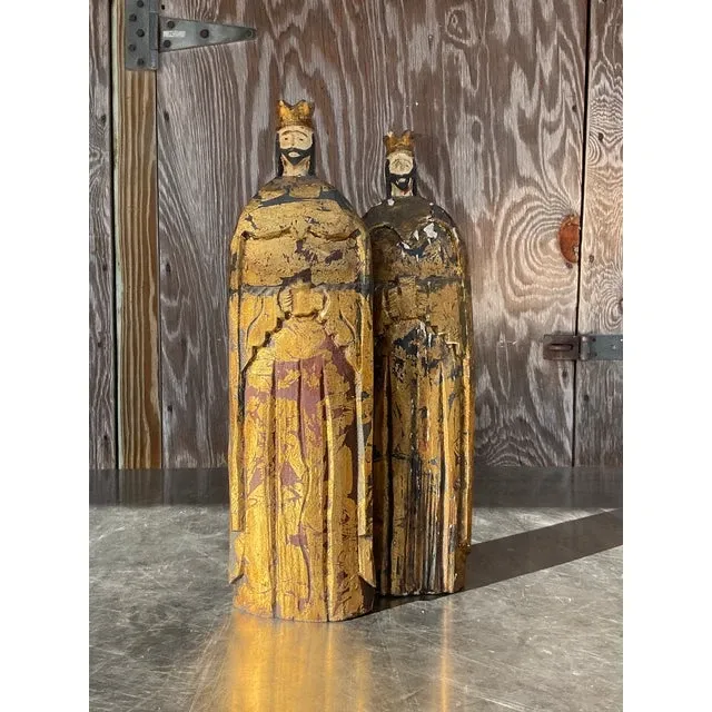 Vintage Boho Gilt Carved Wood Santos Figures- a Pair — additional photo 2