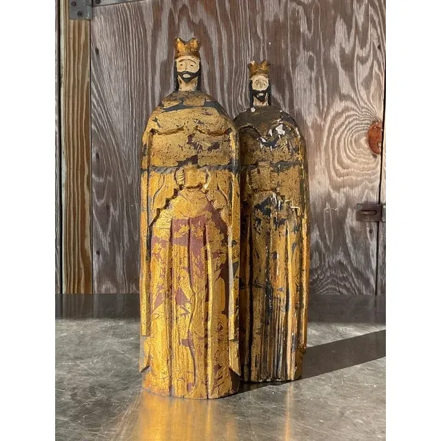 Vintage Boho Gilt Carved Wood Santos Figures- a Pair — additional photo 3
