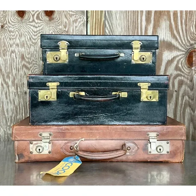 Vintage Display Stack of Antique Leather Suitcases- Set of 3 — additional photo 6