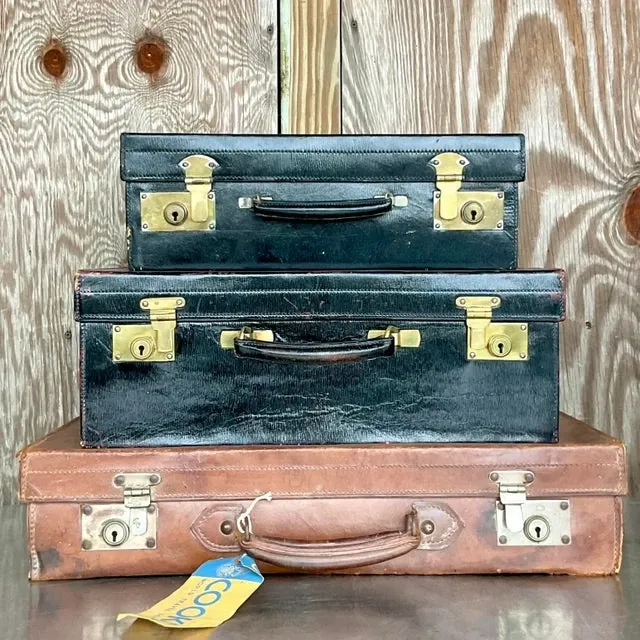 Vintage Display Stack of Antique Leather Suitcases- Set of 3 — additional photo 1