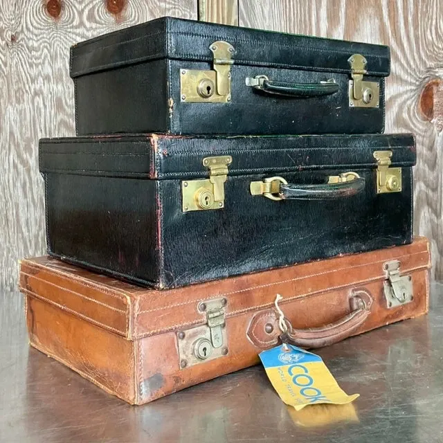 Vintage Display Stack of Antique Leather Suitcases- Set of 3 — additional photo 2