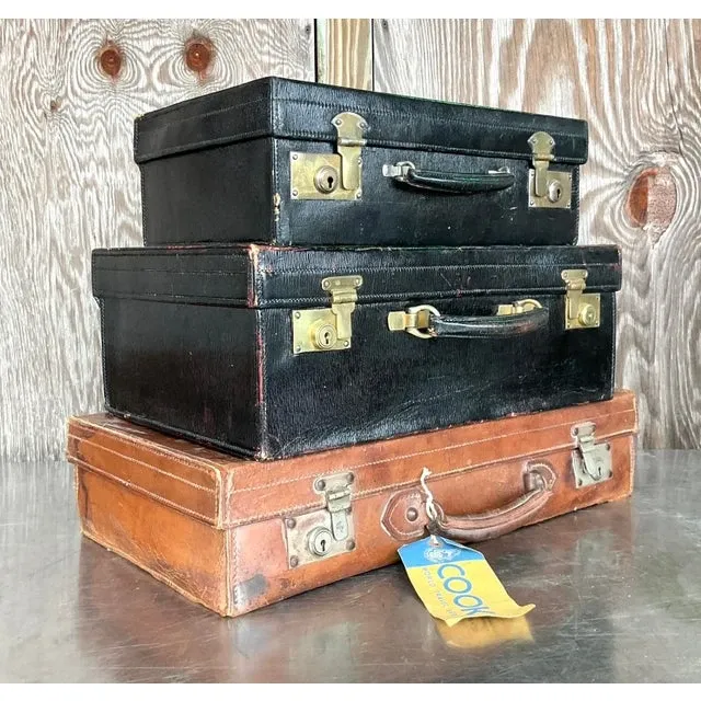 Vintage Display Stack of Antique Leather Suitcases- Set of 3 — additional photo 3