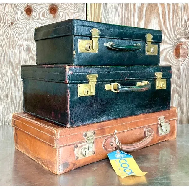 Vintage Display Stack of Antique Leather Suitcases- Set of 3 — additional photo 4