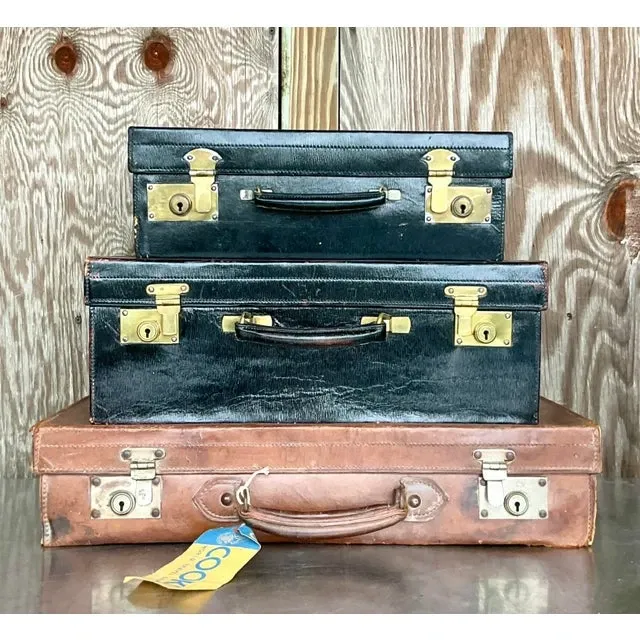 Vintage Display Stack of Antique Leather Suitcases- Set of 3 — additional photo 5