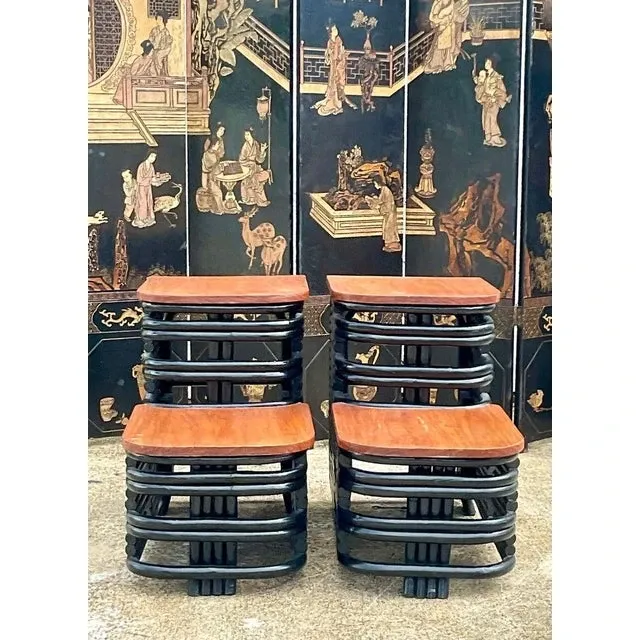 Mid 20th Century After Paul Frankl Painted Rattan End Tables -A Pair — additional photo 1