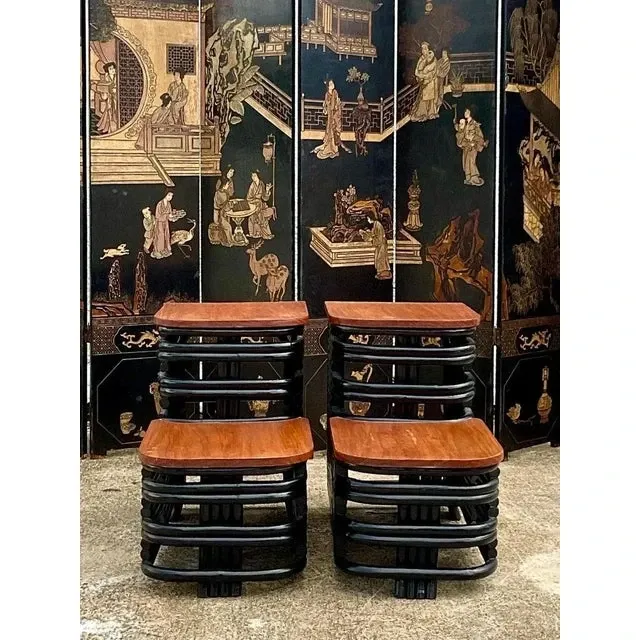 Mid 20th Century After Paul Frankl Painted Rattan End Tables -A Pair — additional photo 2