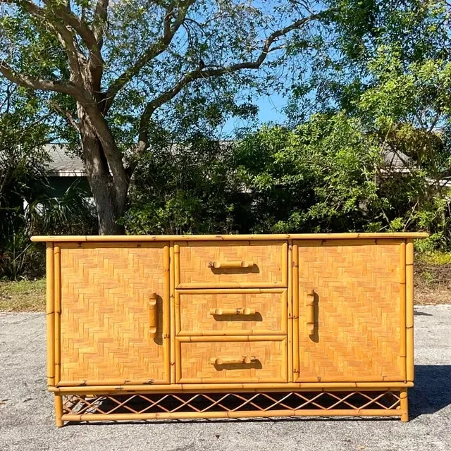Vintage Coastal Parquet Rattan Credenza — additional photo 8