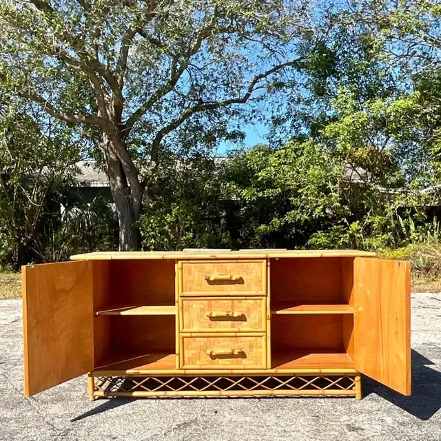 Vintage Coastal Parquet Rattan Credenza — additional photo 2