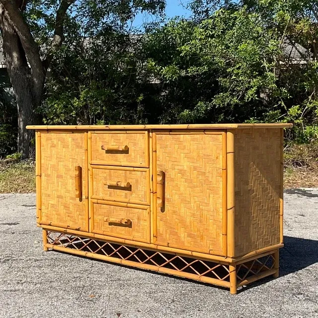Vintage Coastal Parquet Rattan Credenza — additional photo 3