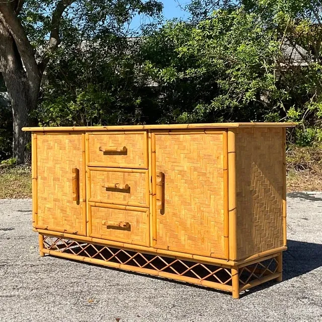Vintage Coastal Parquet Rattan Credenza — additional photo 4