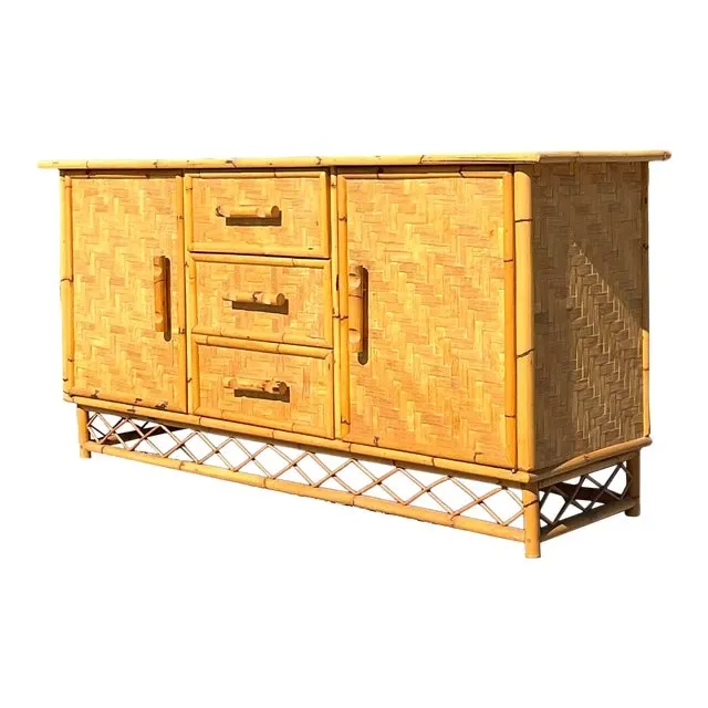 Vintage Coastal Parquet Rattan Credenza — additional photo 1