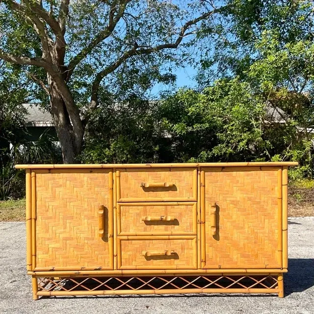 Vintage Coastal Parquet Rattan Credenza — additional photo 5