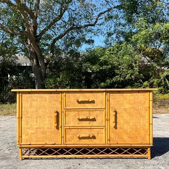 Vintage Coastal Parquet Rattan Credenza — additional photo 6