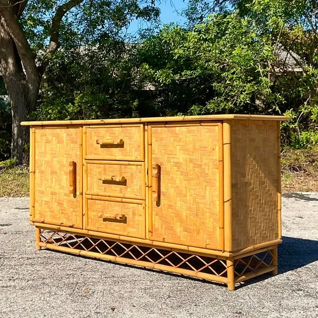 Vintage Coastal Parquet Rattan Credenza — additional photo 7