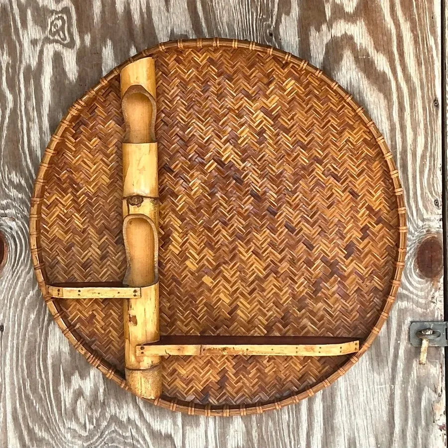 Vintage Boho Large Woven Rattan and Bamboo Wall Shelf — additional photo 5