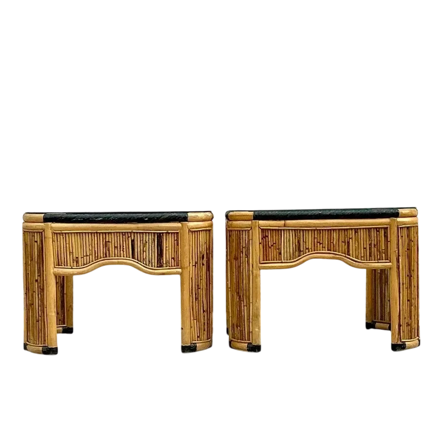Vintage Coastal Pencil Reed Side Tables - a Pair