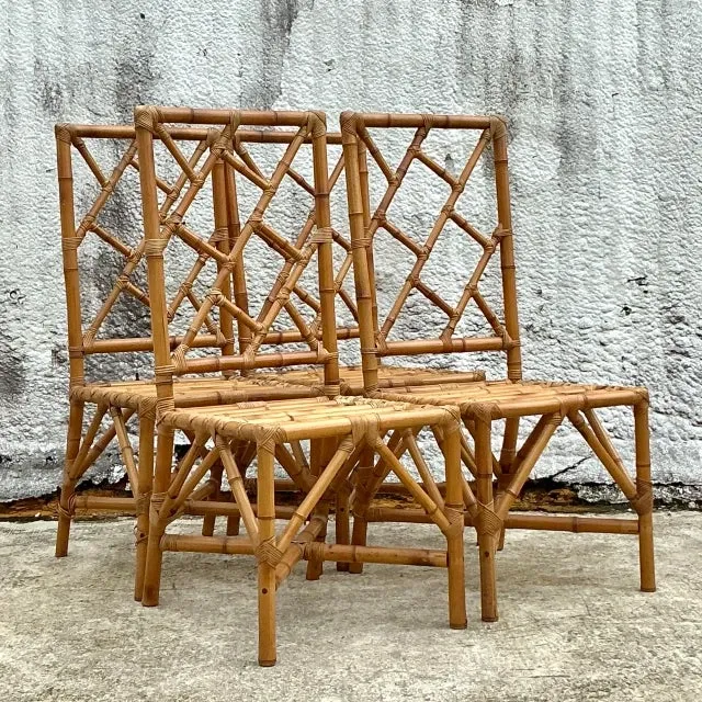 Vintage Coastal Chinese Chippendale Rattan Dining Chairs - Set of 4 — additional photo 1