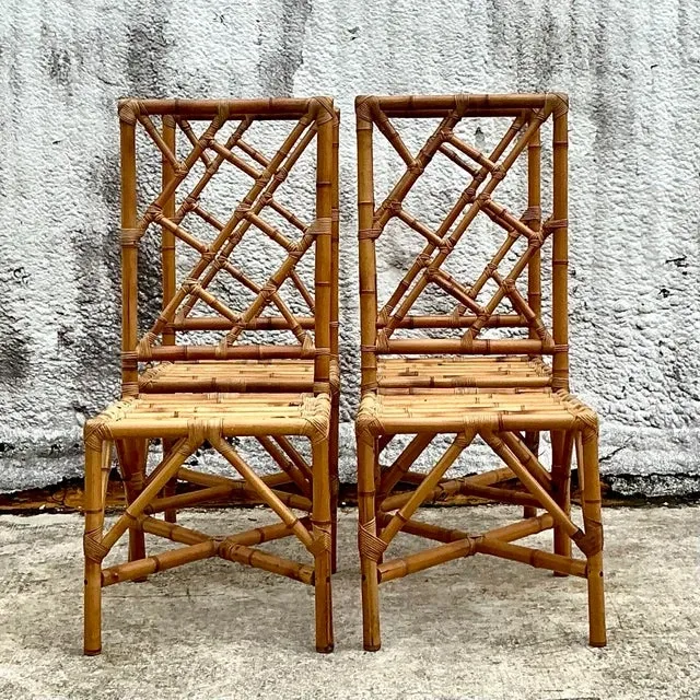 Vintage Coastal Chinese Chippendale Rattan Dining Chairs - Set of 4 — additional photo 3