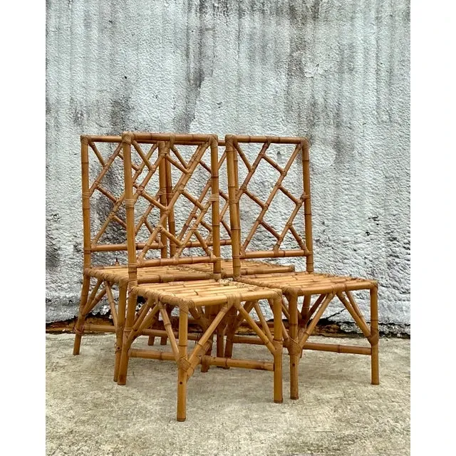 Vintage Coastal Chinese Chippendale Rattan Dining Chairs - Set of 4 — additional photo 4