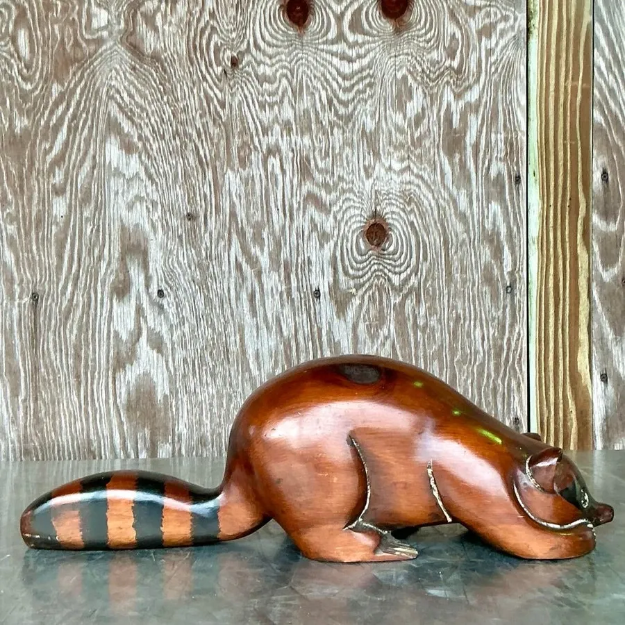 Vintage Boho Carved Wood Raccoon — additional photo 3