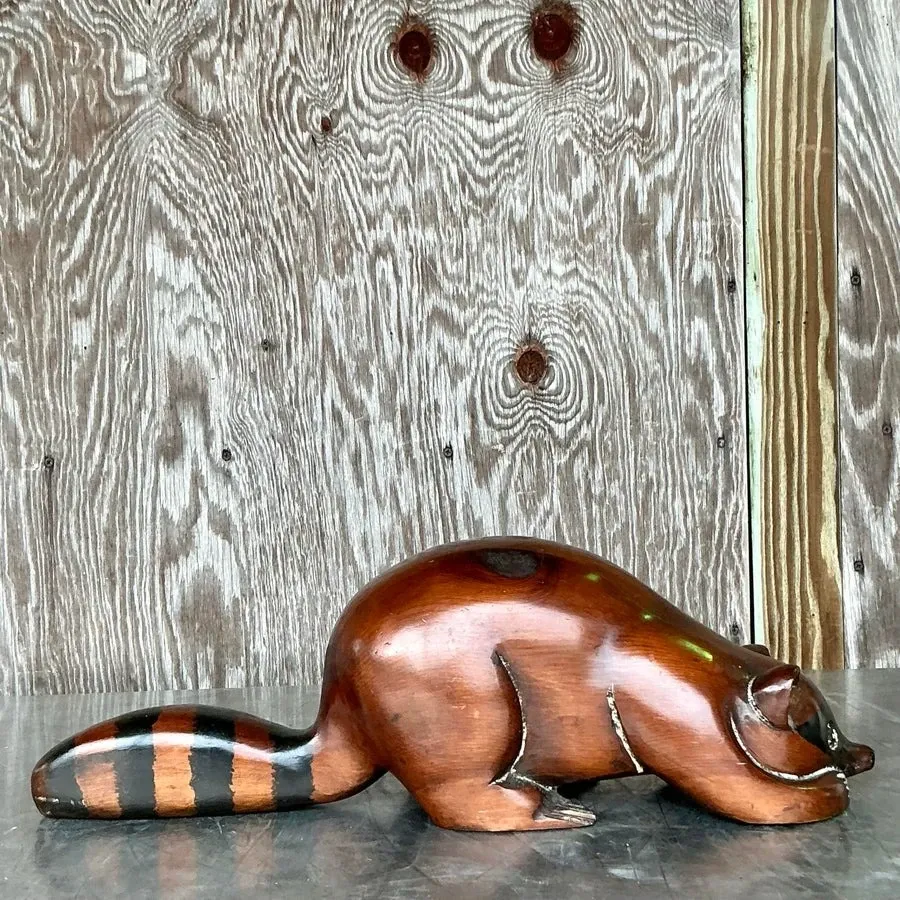Vintage Boho Carved Wood Raccoon — additional photo 4