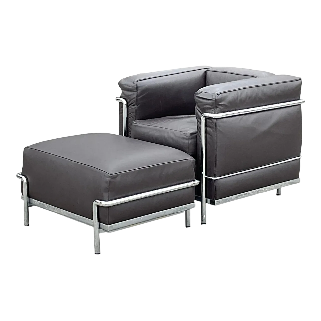 Vintage Italian Contemporary Cassina Lc2 Petite Modele Corbusier Leather Chair and Ottoman - Set of 2