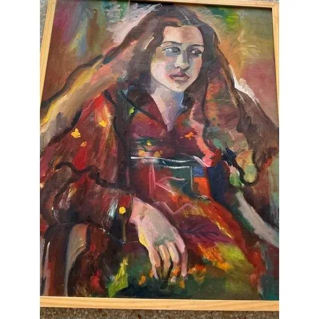Vintage Boho Original Oil Portrait on Canvas - Wood, 26.5W x 31.25H — additional photo 5